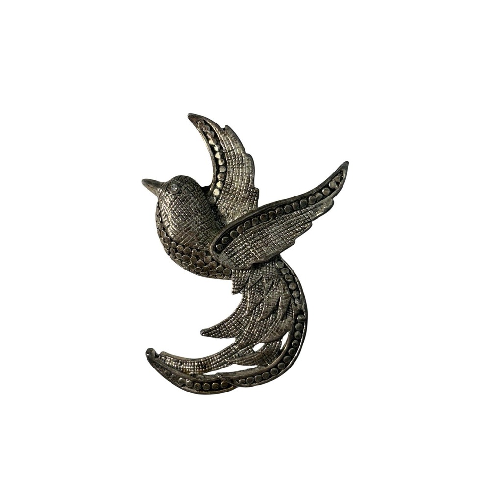 Vintage Silver Tone Textured Rhinestone Eye Flying Bird Of Paradise Broch Pin